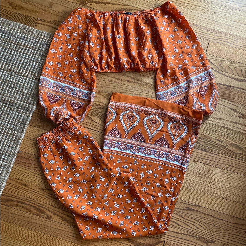 Two Piece Wide Leg Pant Off the Shoulder Set Orange Rust Boho Western Hippie 70s